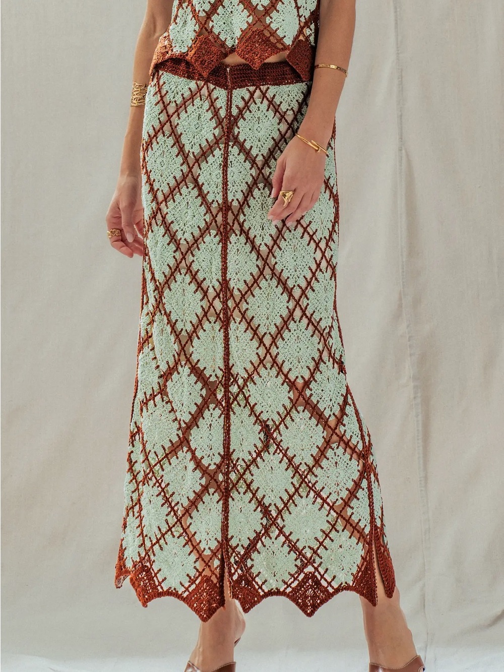 Sleeveless Mint & Rust Crochet Midi Dress - Picture 5 of 6
